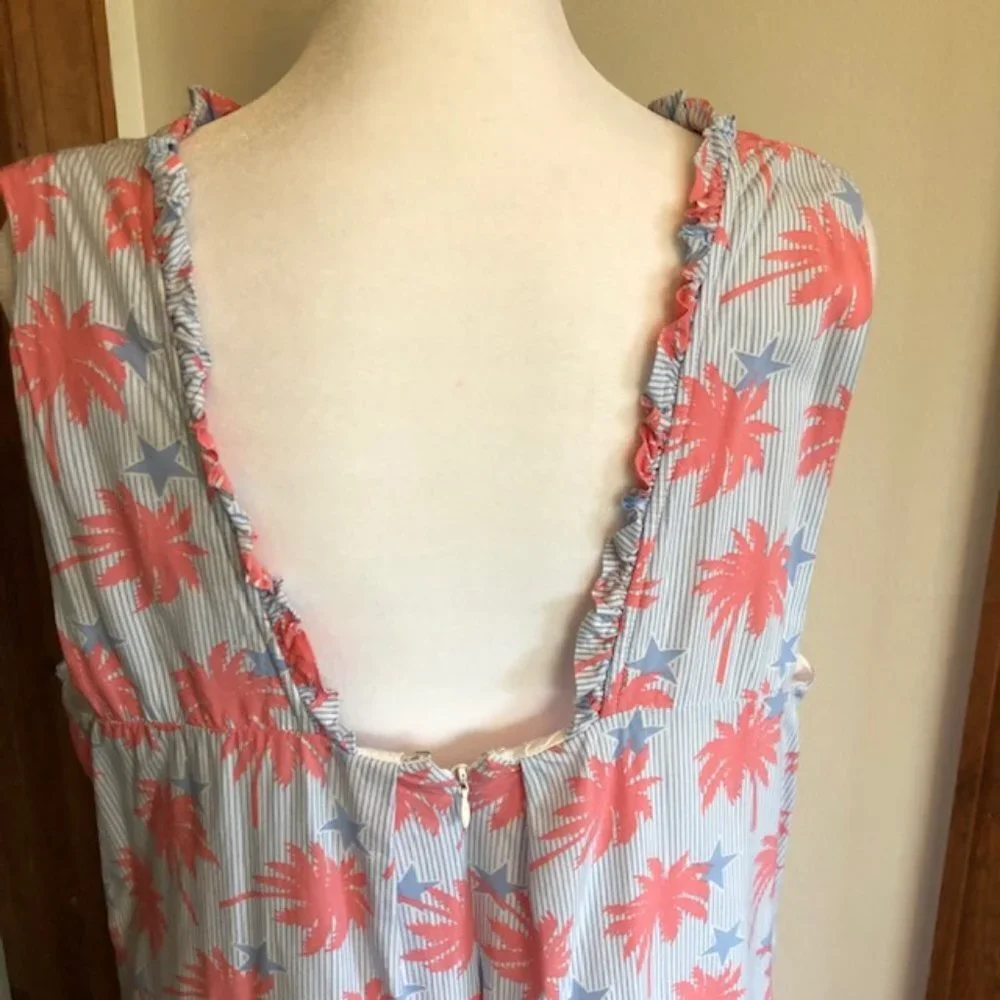 CROWN & IVY White Blue Stripe Palm Tree Star Square Back Shift Dres…